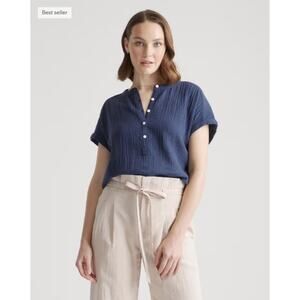 Women's Size M Quince 100% Organic Cotton Gauze Roll Sleeve Shirt in Indigo Blue